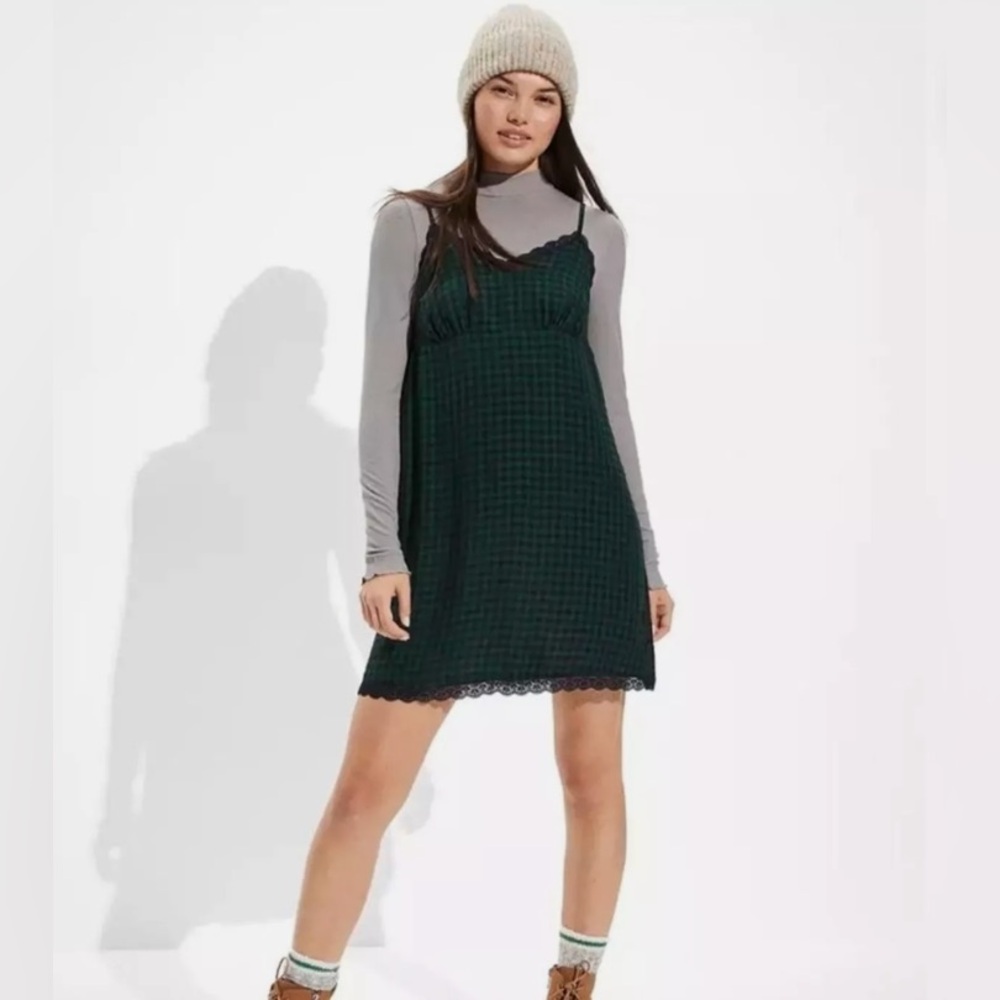 American Eagle Plaid Lace Slip Dress NWT